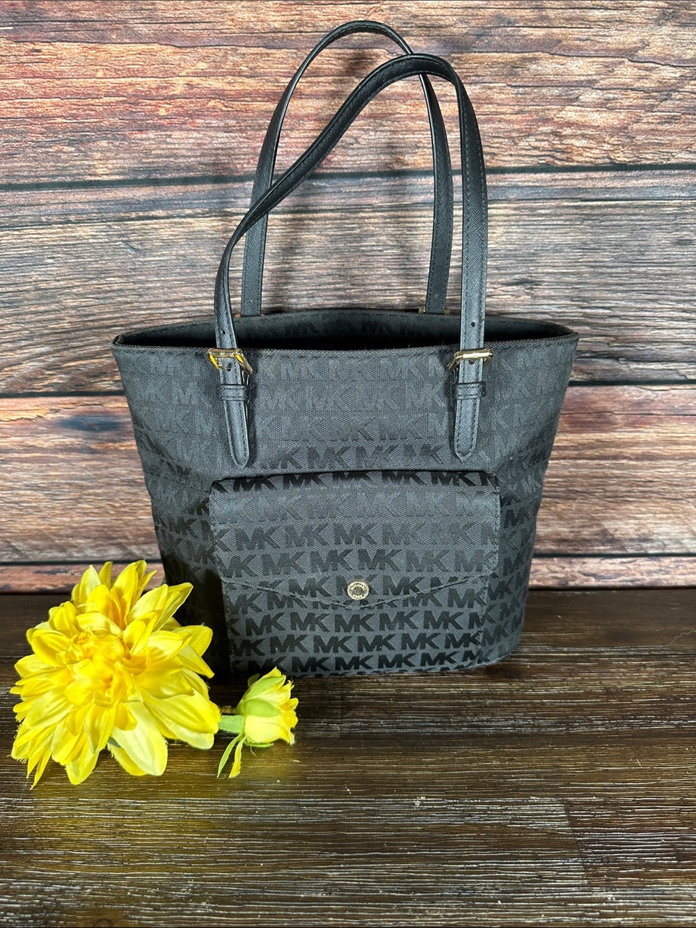 Michael Kors Black MK Logo Tote with Gold-Tone Accent